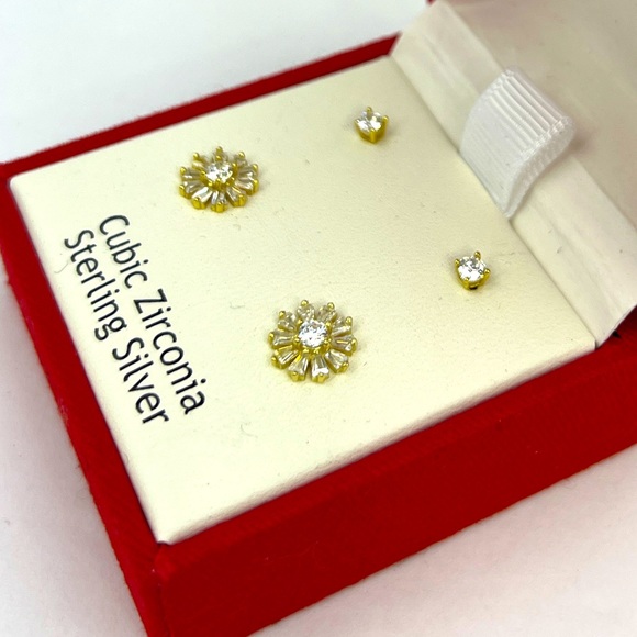 RACHEL ASHWELL, STERLING SILVER WITH CUBIC ZIRCONIA 2 STUD EARRINGS, GOLD COLOR - Picture 2 of 16